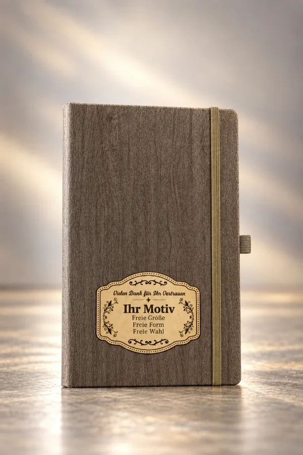 Notizbuch in Holzoptik mit Echtholz-Etikett „Ihr Motiv“